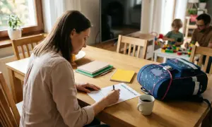 Kobieta wypełnia dokument na stole, obok plecak i kubek. W tle bawią się dzieci.
