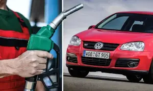 Tankar du din röda VW Golf med 98 oktan? En hand håller en bensinpump.