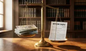 Waga szalkowa z pieniędzmi po jednej stronie i dokumentem "Wyrok Sądu" po drugiej.