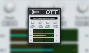 Xfer Records OTT multiband compressor interface. Controls for Depth, Time, In Gain, and Out Gain are visible.