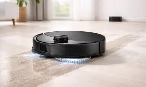 Un robot aspirador negro con luces azules limpia un suelo de madera. Así es como funciona un robot aspirador.