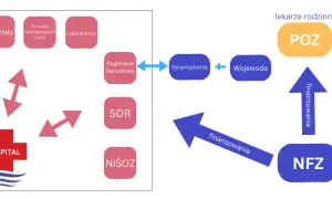 Schemat systemu opieki zdrowotnej: Szpital, SOR, POZ, NFZ, dyspozytornia, wojewoda. Finansowanie POZ i SOR przez NFZ.