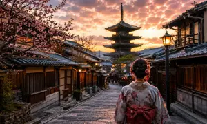 Zachód słońca w Kioto, kobieta w kimonie na ulicy. Zastanawiasz się, ile kosztuje wycieczka do Japonii?