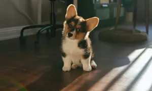 Uroczy szczeniak corgi siedzi na podłodze. Gdyby miał problemy z brzuszkiem, warto sprawdzić espumisan dla psa dawkowanie.