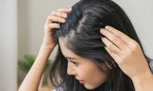 Kobieta sprawdza swoje włosy, zastanawiając się, jak pozbyć się baby hair.