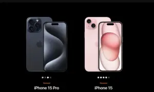 Dwa modele iPhone'ów: ciemnoszary iPhone 15 Pro i różowy iPhone 15.