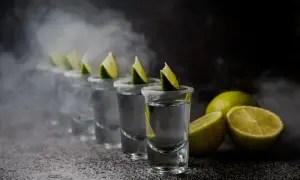 Rząd kieliszków z solą i limonką, wypełnionych przejrzystym płynem, otoczony mgłą. Obok leżą połówki limonki. Idealna sceneria na wieczór z tekilą.