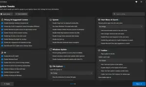 Interfejs programu Windows 11 Debloater z zaznaczonymi opcjami prywatności i AI.
