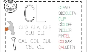 Hoja de trabajo con la letra "CL" y palabras como "clavo", "bicicleta", "clip", "ciclópe", "incluir", "pincel", "colgar", "calcetín". Practica las letras trabadas.