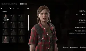 Ellie aus The Last of Us 2 im Charakterauswahl-Menü. Sie trägt ein kariertes Hemd und hat das Molotow-Rezept freigeschaltet.