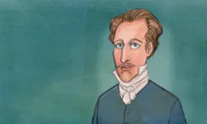 En tecknad porträtt av Gustav IV Adolf med blå ögon och en vit halsduk.