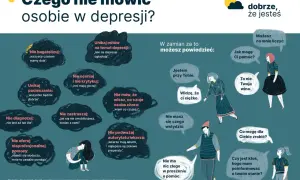 Grafika pokazuje, czego nie mówić osobie z depresją, i co zamiast tego powiedzieć. Podkreśla nietypowe objawy depresji i potrzebę wsparcia.