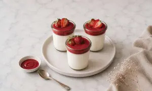 Trois panna cotta crémeux, nappés de coulis de fraises et ornés de fruits frais, sur une assiette avec une petite coupelle de coulis et une cuillère.