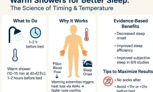 Warm showers 1-2 hours before bed can help you fall asleep faster. This infographic explains how do hot showers make you sleepy by triggering heat loss.