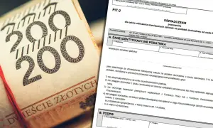 Plik PIT-2 obok stosu banknotów 200 zł. Dokument dotyczy oświadczenia pracownika w sprawie zaliczek na podatek dochodowy.