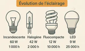 Comparaison visuelle de l'évolution de l'éclairage : ampoule incandescente, halogène, fluocompacte et LED, montrant la différence ampoule halogène et LED en termes de consommation et durée de vie.