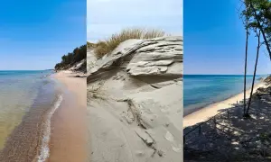 Trzy ujęcia dzikich plaż nad Bałtykiem: piaszczyste wydmy, spokojne morze i lasy porastające klify.