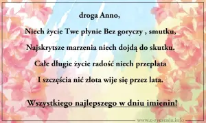 Wiersz z życzeniami dla Anny z okazji imienin. Tło zdobią akwarelowe róże.