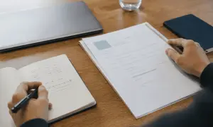Persona che prepara il calcolo RAL per colloquio, con quaderno, fogli e laptop su un tavolo di legno.