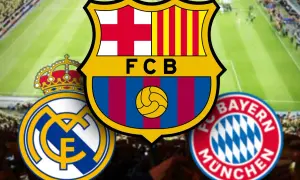 Loga FC Barcelony, Realu Madryt i Bayernu Monachium na tle stadionu. Te kluby to jedne z najbardziej wartościowych klubów piłkarskich na świecie.