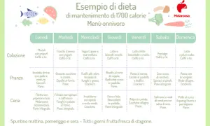 Esempio di dieta di mantenimento da 1700 calorie, menù onnivoro settimanale con colazione, pranzo e cena.