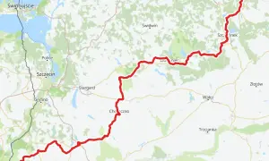 Mapa pokazuje trasę rowerową wzdłuż Odry, od Świnoujścia przez Szczecin, Gorzów Wielkopolski, aż po okolice Szczecinka.