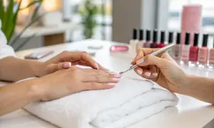 Dłonie podczas zabiegu manicure. Stylistka pielęgnuje paznokcie klientki, przygotowując je do malowania. W tle rząd lakierów.