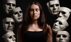 Kobieta otoczona maskami, zastanawia się, czy narcyz lubi się przytulać.