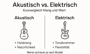 Vergleich von Akustik- und E-Gitarren. Was ist eine Gitarre? Akustische Gitarren bieten Holzklang, elektrische Gitarren Tonabnehmer.