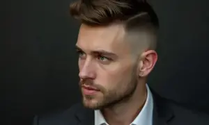 Hombre con moderno peinado, corte degradado y tupé. Un estilo que define los peinados hombre actuales.