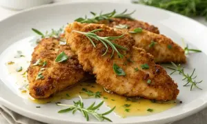 Trois aiguillettes de poulet au four, dorées et croustillantes, nappées d'une sauce légère et garnies de romarin frais. Un délice simple et savoureux.