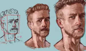 Portret podobizna mężczyzny w trzech ujęciach, od szkicu z zaznaczonym światłem po dopracowane detale twarzy.