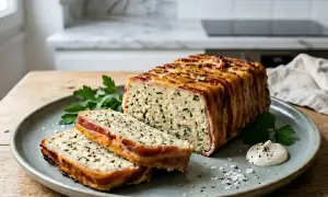 Une délicieuse terrine de poisson, enveloppée de lard croustillant, est servie sur une assiette avec des herbes fraîches et une touche de sauce.