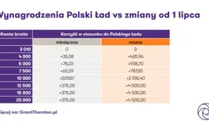 Tabela porównuje wynagrodzenia brutto do korzyści po zmianach od 1 lipca. Czy drugi próg podatkowy 120 tys brutto czy netto? Sprawdź na Grant Thornton.pl.