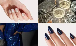 Manucure festive pour le jour de l'an : ongles pailletés et bleu nuit, accompagnés de coupes de champagne et de boules disco.