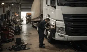 Un mécanicien inspecte un camion poids lourd blanc dans un atelier. Il utilise une lampe torche pour examiner le pneu, assurant ainsi le bon fonctionnement du meilleur camion poids lourd.