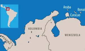 Mapa Karaibów: Aruba, Bonaire i Curacao leżą przy wybrzeżu Wenezueli i Kolumbii.