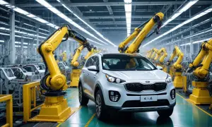 En vit Kia Sportage på ett modernt bilfabriksgolv, omgiven av gula robotarmar. Här byggs bilar, men var kommer Kia ifrån?