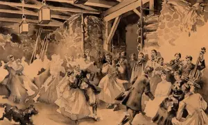 Bal w dworku, tańczący ludzie, muzyka na żywo. Scena jak z epoki "Gloria victis", pełna życia i radości.