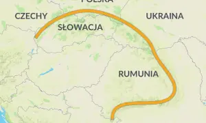 Mapa Europy Środkowej z zaznaczonym łukiem Karpat, biegnącym przez Czechy, Słowację, Polskę, Ukrainę i Rumunię.