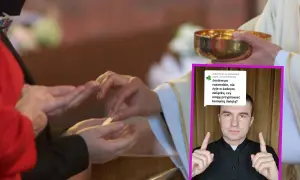 Ksiądz odpowiada na pytanie: czy rozwodnicy mogą przyjmować komunię świętą? Komunia udzielana jest w kościele.