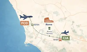 Mapa pokazuje trasę z lotniska Fiumicino (FCO) do Rzymu (32 km) i dalej do lotniska Ciampino (CIA) (15 km).