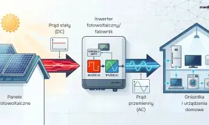 Schemat pokazuje, jak panele fotowoltaiczne przetwarzają światło słoneczne na prąd stały, który następnie inwerter zamienia na prąd zmienny dla urządzeń domowych. To nowoczesna technologia.