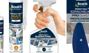 Zestaw produktów Bostik do uszczelniania: biały uszczelniacz hybrydowy, preparat do wygładzania fug i szpachelka. Idealne do tego, jak uszczelniać silikonem.