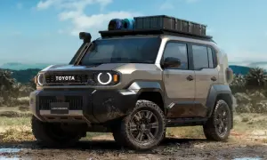 Nowy Toyota FJ Land Cruiser gotowy na przygodę, z bagażnikiem dachowym i terenowym zawieszeniem.