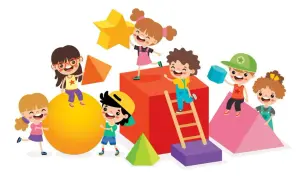Niños jugando con divertidos dibujos de figuras geométricas: esferas, cubos, pirámides y estrellas.
