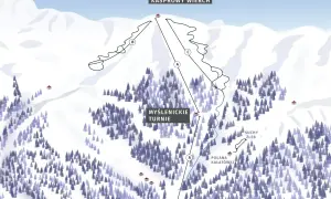 Mapa szlaków z Kasprowego Wierchu. Widok na ośnieżone stoki, lasy i wyznaczone trasy narciarskie od Kuźnic przez Myślenickie Turnie aż po szczyt.