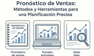 Ilustración de un pronóstico de ventas con gráficos y datos. Muestra métodos y herramientas para una planificación precisa.