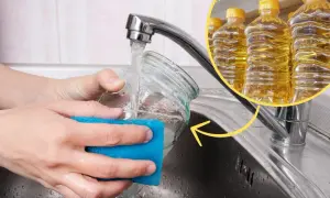 Jak usunąć klej po naklejce z plastiku? Użyj oleju roślinnego i gąbki.
