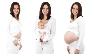 En kvinna visar sin mage under graviditeten, från tidigt trimester gravid till sent, och sedan med sin nyfödda bebis.